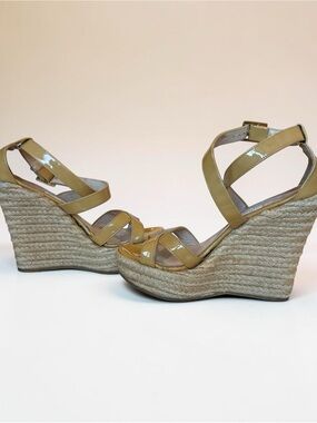 JIMMY CHOO Patent Leather Espadrille Wedge Sandals in Beige and raffia heel
